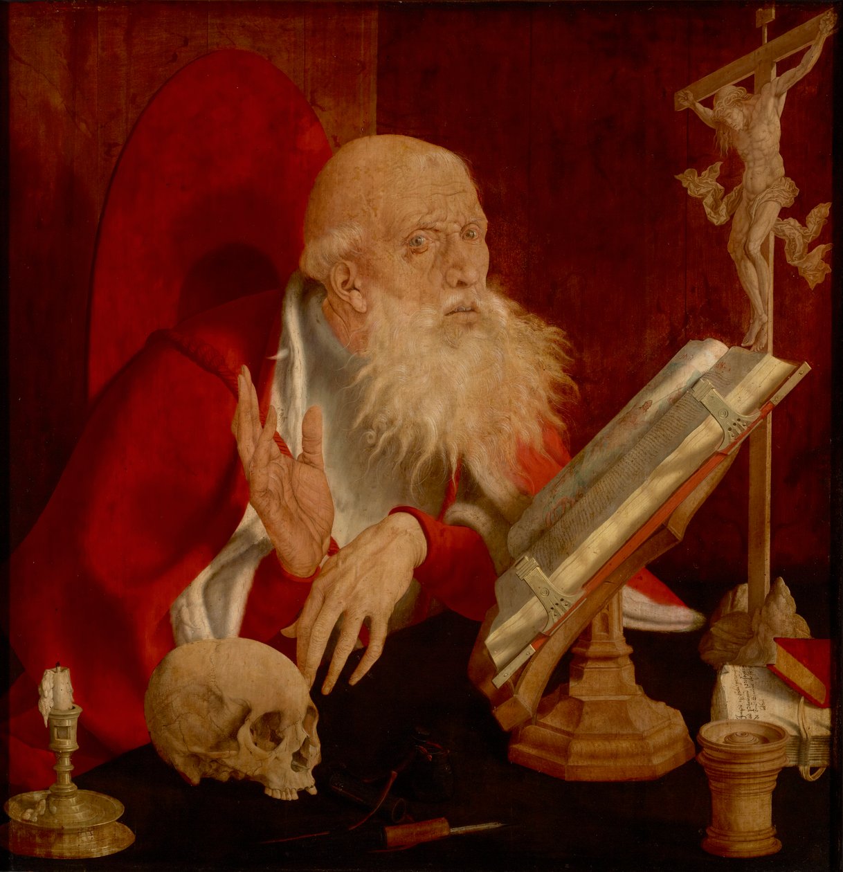القديس جيروم يرقص في قفص - القديس جيروم في زنزانته ، بواسطة Reymerswaele ، Marinus Claesz ، van (حوالي 1490 - بعد 1567). زيت على خشب حوالي 1545. الأبعاد: 84.3x82.5 سم. متحف بروكينثال الوطني ، سيبيو بواسطة مارينوس فان ريميرسفيل