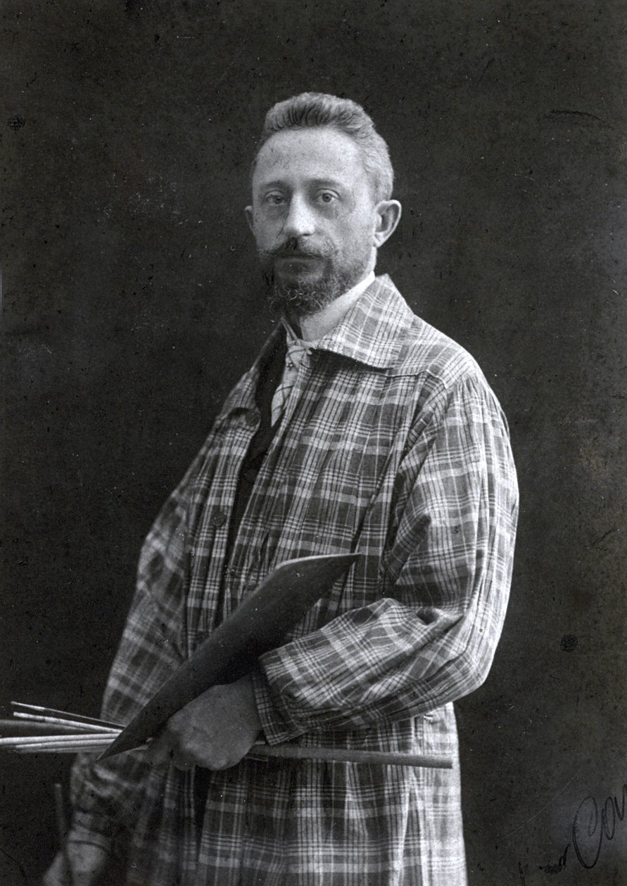 صورة ثلاثة أرباع طول الرسام Guido Spadolini. وهو يرتدي ثوباً طويلاً ويمسك بالفرش واللوحة بيده اليسرى 26111901 بواسطة ماريو نونيس فايس