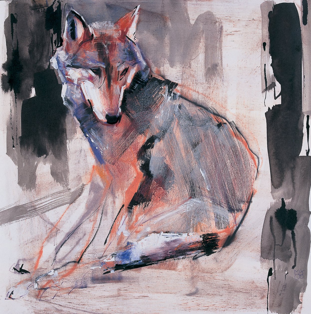 Sitting Wolf ، 2000 (وسائط مختلطة على الورق) بواسطة مارك ادلينجتون