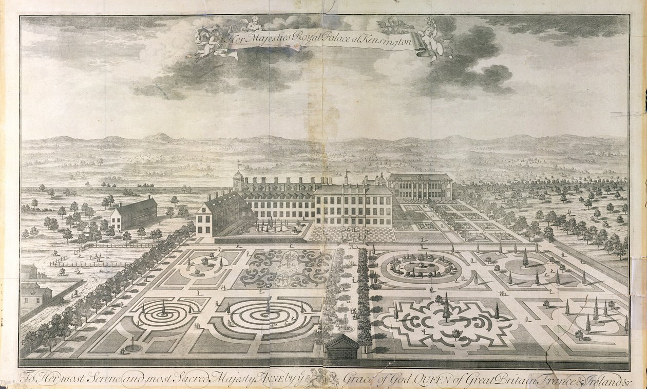 منظر عين الطير لحدائق قصر كنسينغتون ، محفور بواسطة حانة يوهانس كيب (c.1652-1722). بواسطة ج. سميث ، 1724 بواسطة مارك أنتوني هودوروي