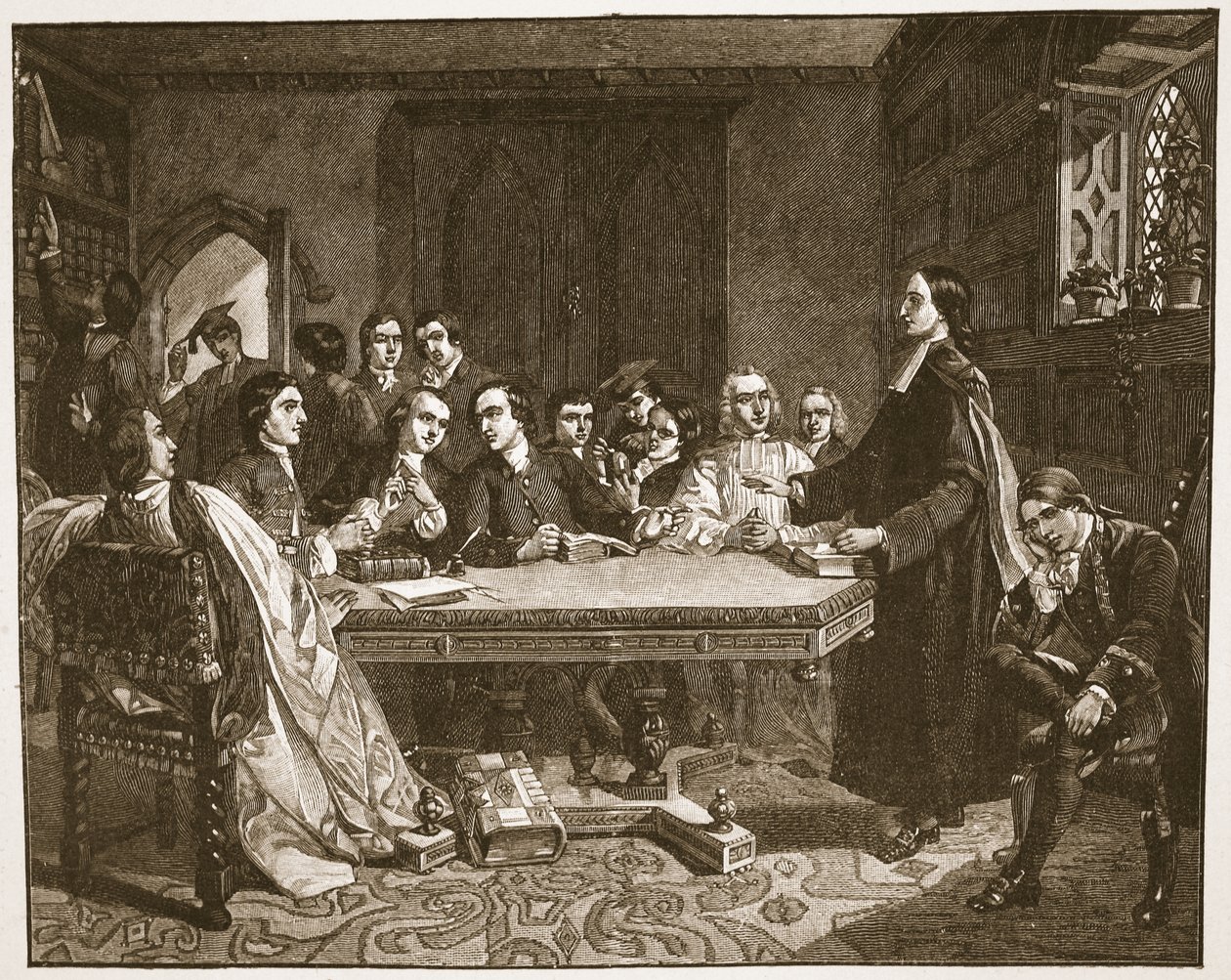 جون ويسلي وأصدقاؤه في أكسفورد ، رسم توضيحي من "كنيسة إنجلترا: تاريخ للشعب" بقلم إتش. سبنس جونز ، حانة. حوالي عام 1910 (ليثو) (صورة بني داكن) بواسطة مارشال (بعد) كلاكستون
