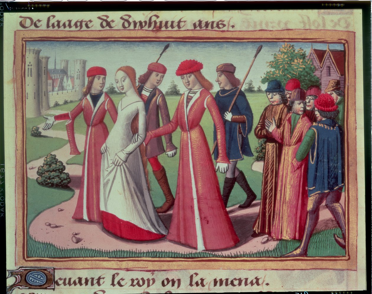جان دارك (c.1412-31) الذي أدى إلى تشارلز السابع (1403-61) من الوقفات الاحتجاجية لتشارلز السابع ، c.1484 بواسطة Martial de Paris