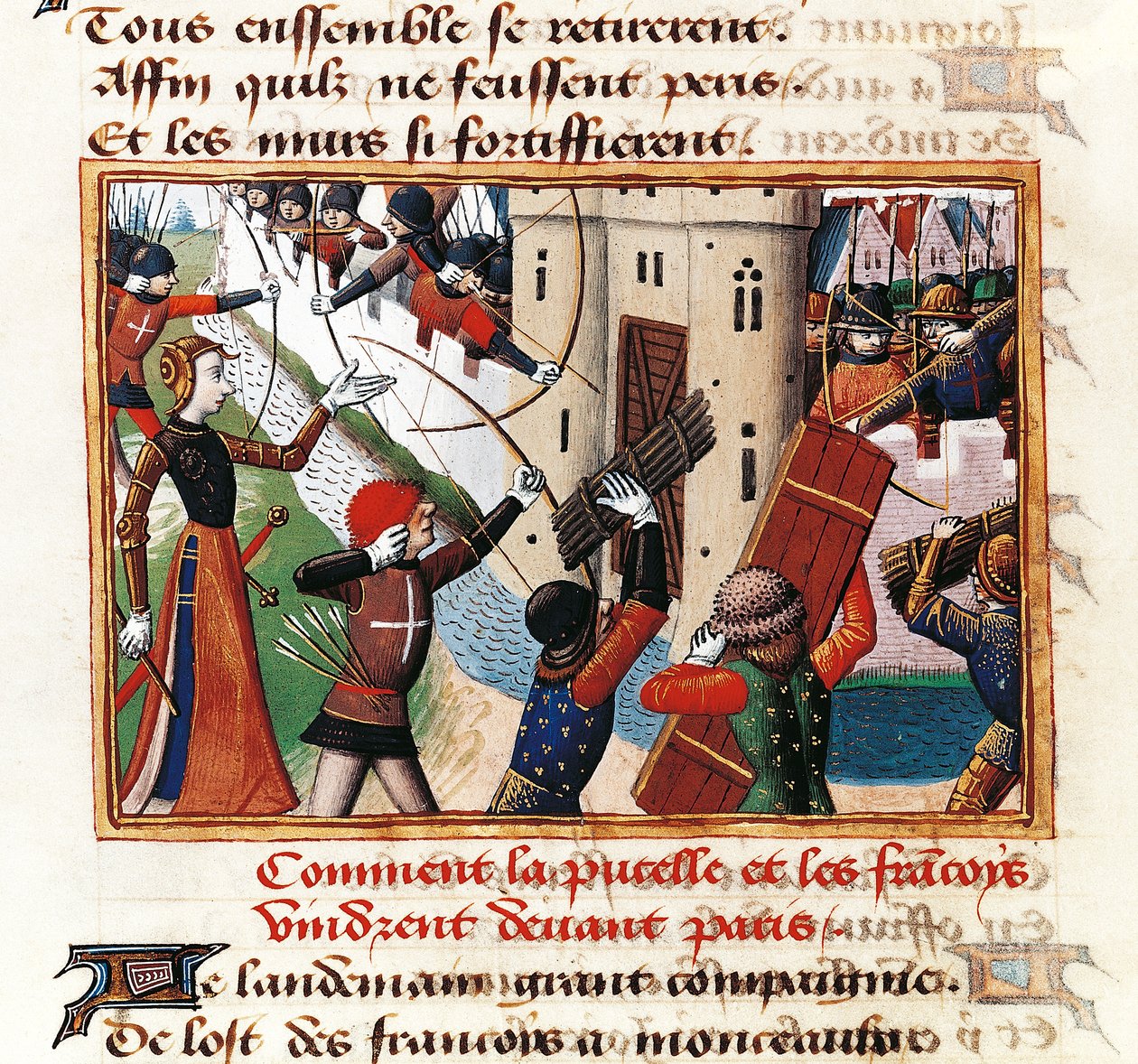 Joan of Arc at gates of St Honore, from where assault on Paris begins, miniature from Vigiles de Charles VII by Martial de Paris (known as Auvergne) (1420-1508), France بواسطة مارتيال دو باريس (القرن الخامس عشر الميلادي)