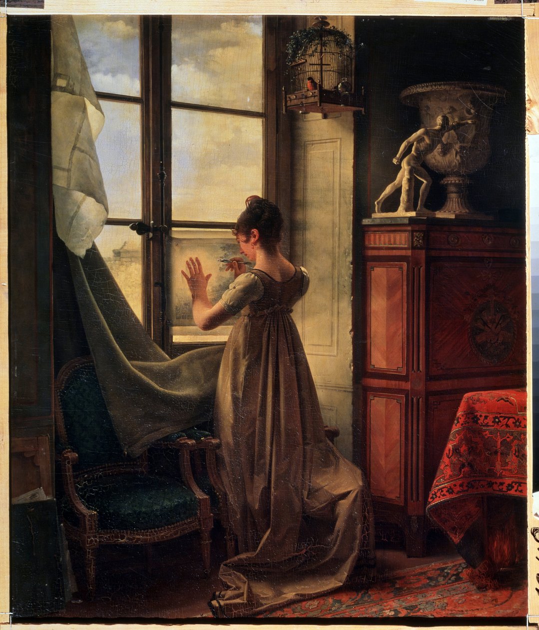 "ابنة الفنانة تقلد رسماً" (ابنة الفنان تنسخ رسماً). تمثل الفتاة الشابة من الخلف ، مبطنة العنق في العنق ، تنسخ رسماً ، متكئة على زجاج النافذة. رسم مارتن درولنغ (1752-1817) 1812 ميوز بواسطة مارتن درولينج