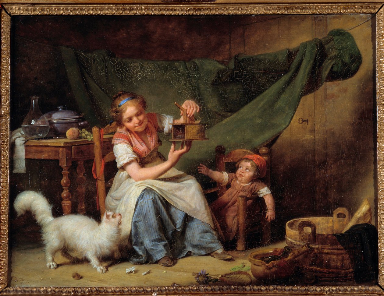 المرأة والماوس فتاة تحمل ماسك فأر أمام القطة وطفل. رسم مارتن درولنغ (1752-1817) 1798 صن. 0،25x0،35 م أورليانز. متحف الفنون الجميلة بواسطة مارتن درولينج