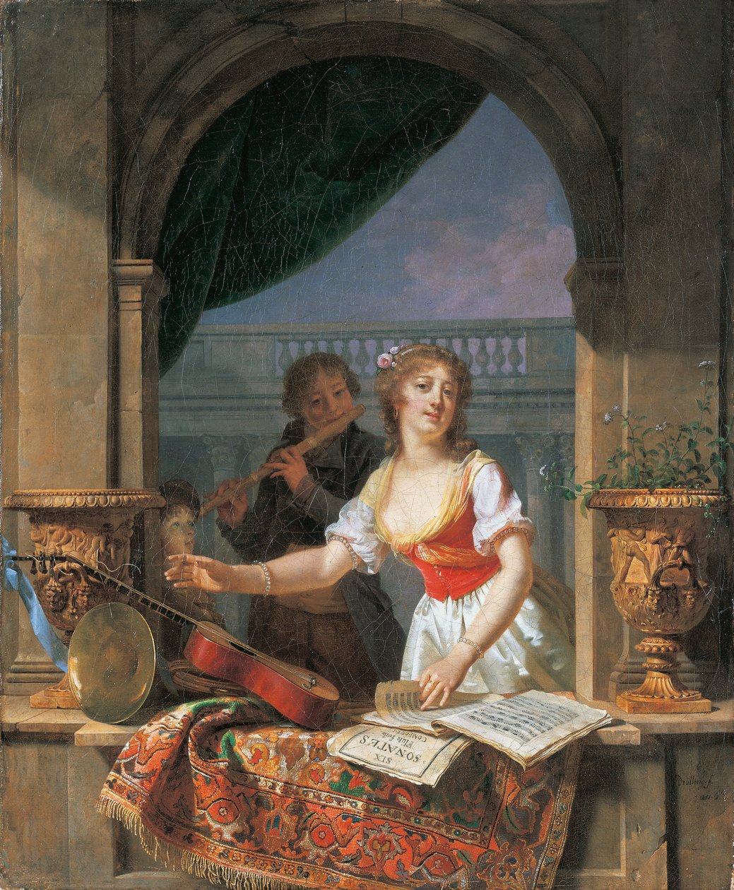 سيدة شابة تصل إلى الغيتار في فتحة حجرية وصبي يعزف على الناي بعده ، 1796-97 بواسطة مارتن درولينج