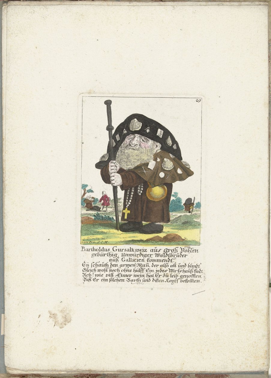 De dwerg Bartholdus Gursalkawiz مثل pelgrim uit Compostella ، حوالي 1710 Bartholdus Gursalkawiz ، المولود في Groß Pohlen ، شقيق غابة غير لائق قادم من Gallicia (العنوان على الكائن) Il Callotto resurcitato أو خزانة Zwerchen المفروشة حديثًا (سلسلة بواسطة مارتن إنجلبرخت (منسوب إلى)