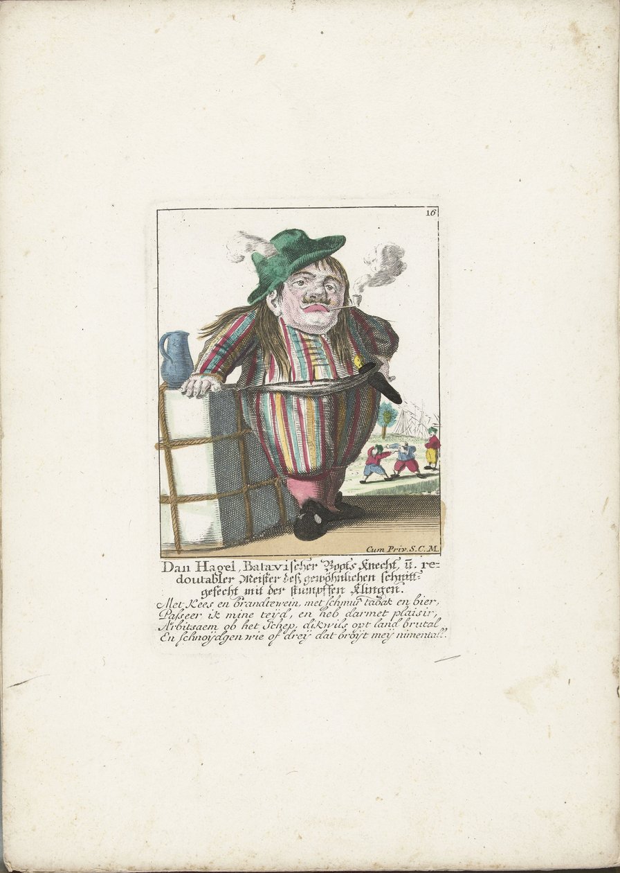 دويرج دان هاجل كان يعمل على متن قارب هولندي ، حوالي عام 1710 دان هاجل ، ملاح باتافيان ، والسيد المضاعف لمعركة القطع العادية بالشفرة الحادة (العنوان على الكائن) Il Callotto resurcitato أو Dwarf Cabi المفروشة حديثًا بواسطة مارتن إنجلبرخت (منسوب إلى)
