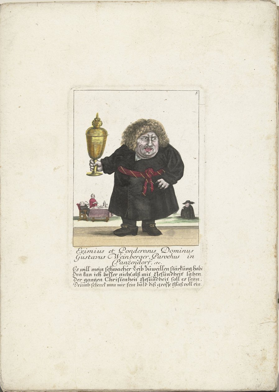 القزم غوستافوس واينبرغر كرجل دين مع كأس ، ج .1710 Eximius et Ponderosus Dominus Gustavus Weinberger Parochus في Panzendorf ، وما إلى ذلك (العنوان على الكائن) Il Callotto resurcitato oder Neu einrichtings Zwerchen Cabinet (عنوان السلسلة) بواسطة مارتن إنجلبرخت (منسوب إلى)