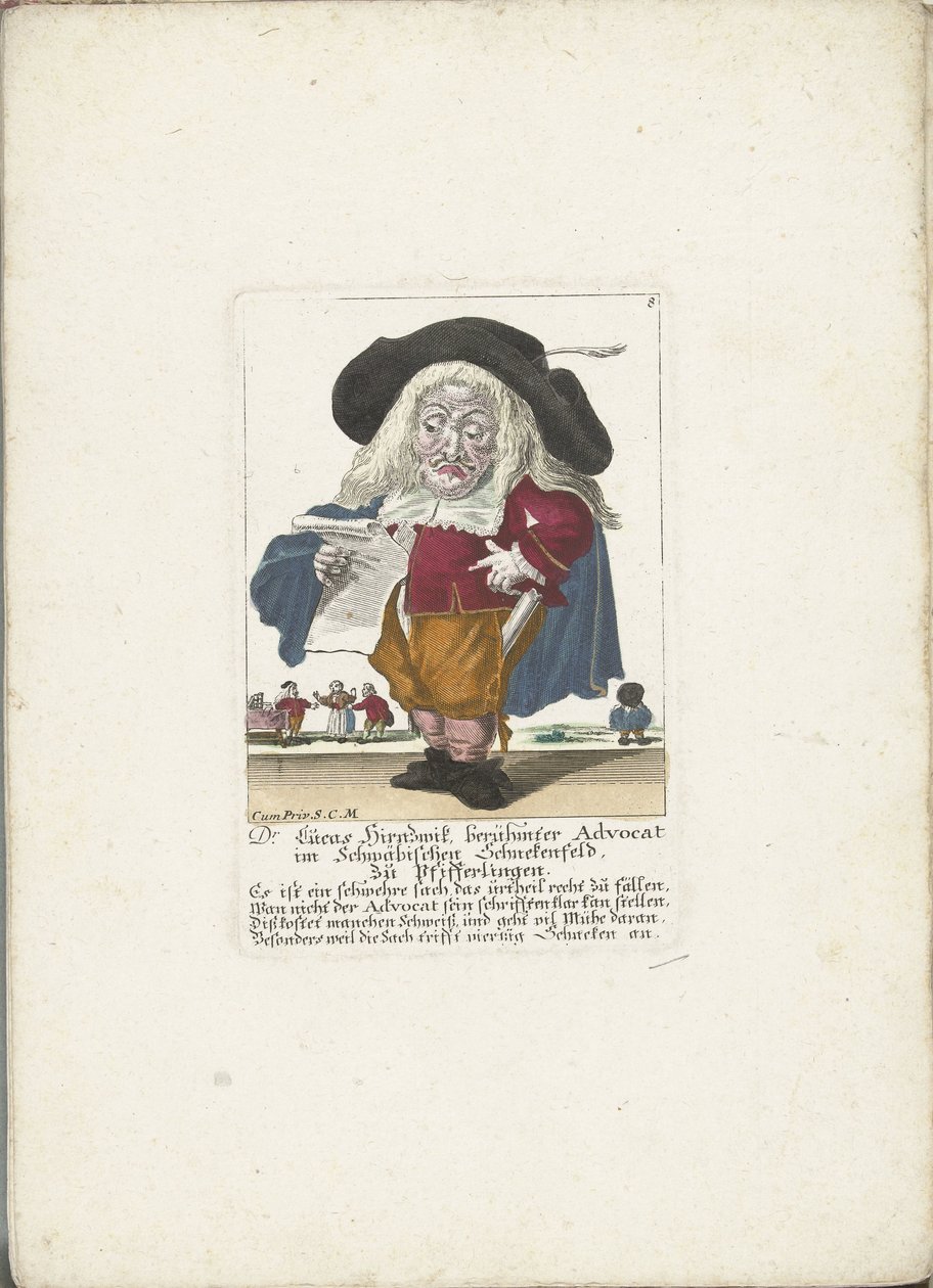 De dwerg Lucas Hirnzwik بصفته محاميًا ، حوالي 1710 دكتور لوكاس هيرنزويك ، المحامي الشهير في شوابيان شنكينفيلد ، على chanterelles (العنوان على الكائن) Il Callotto resurcitato أو خزانة صغيرة مفروشة حديثًا (عنوان السلسلة) بواسطة مارتن إنجلبرخت (منسوب إلى)