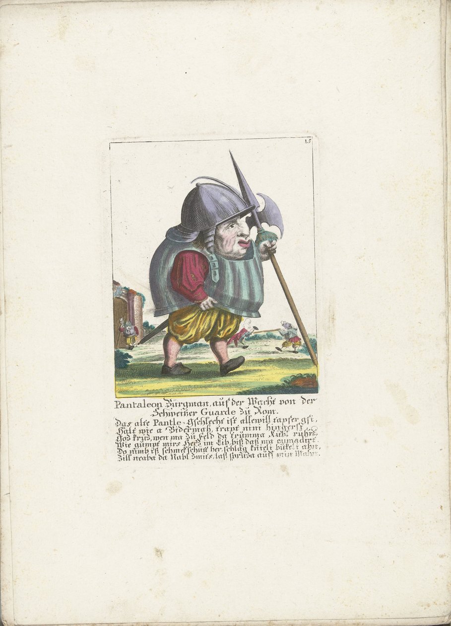 Dwerg Pantaleon Bürgman van de Zwitserse Garde te Rome، حوالي 1710 بانتاليون بورجمان ، في مهمة حراسة من الحرس السويسري في روما (العنوان على الجسم) Il Callotto resurcitato أو خزانة صغيرة مفروشة حديثًا (عنوان السلسلة) بواسطة مارتن إنجلبرخت (منسوب إلى)