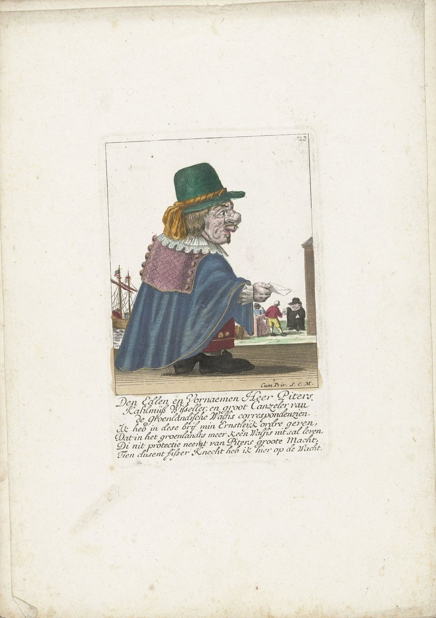 De dwerg Piters Kahlmüß Wisseller مثل walvisvaarder ، حوالي 1710 Den Noble en Vornaemen Heer Piters Kahlmüß Wisseller ، en groot Canzeler van de Groenlandische Walfis developerenzien (العنوان على الكائن) Il Callotto resurcitato أو Zwerchen C المفروش حديثًا بواسطة مارتن إنجلبرخت (منسوب إلى)