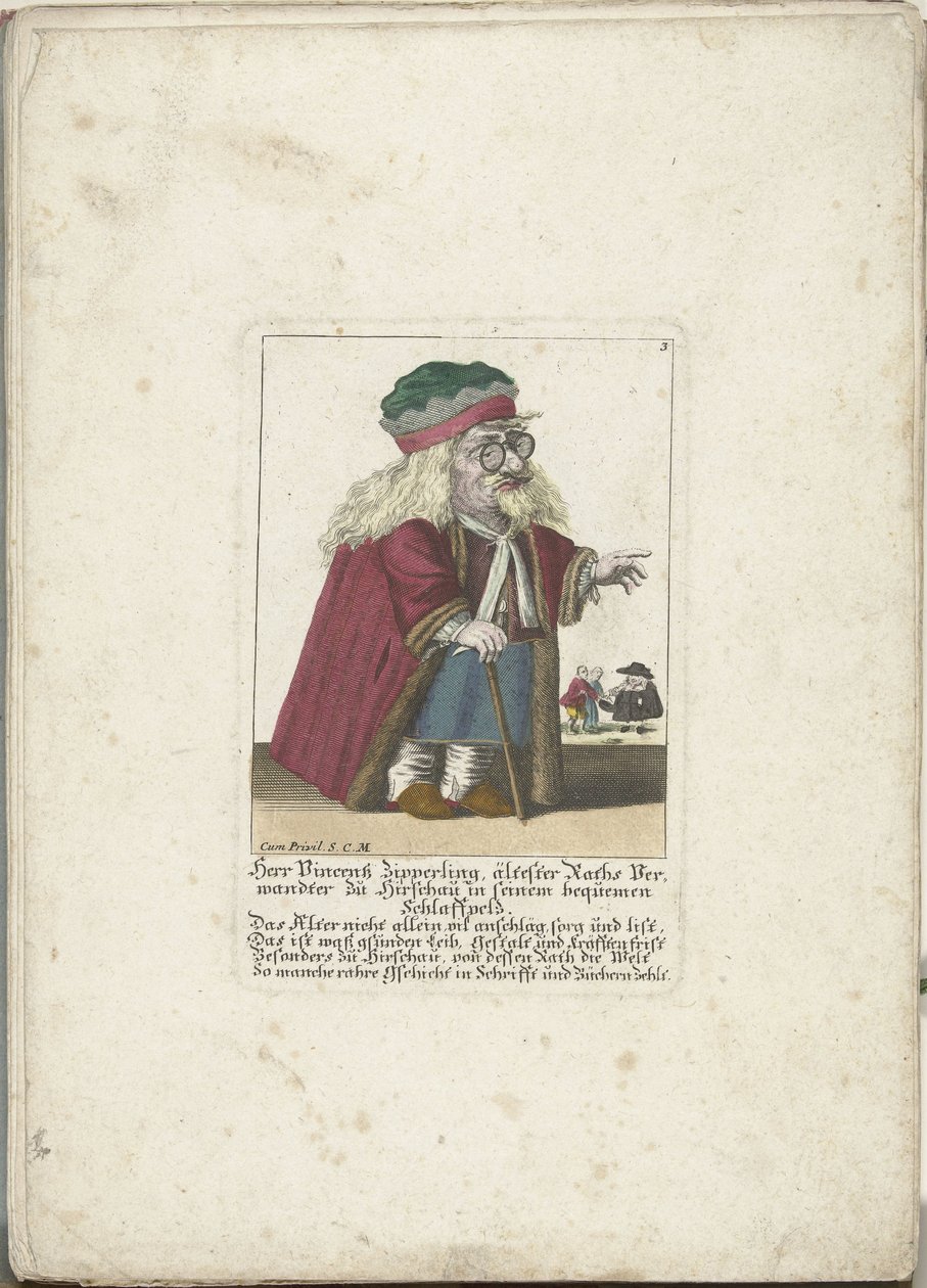 The Dwerg Vincentz Zipperling in een bontjas ، حوالي 1710 Herr Vincentz Zipperling ، أقدم أقارب Rath في Hirschau ، في معطفه المريح المريح (العنوان على الكائن) Il Callotto resurcitato أو خزانة صغيرة مفروشة حديثًا (عنوان السلسلة) بواسطة مارتن إنجلبرخت (منسوب إلى)