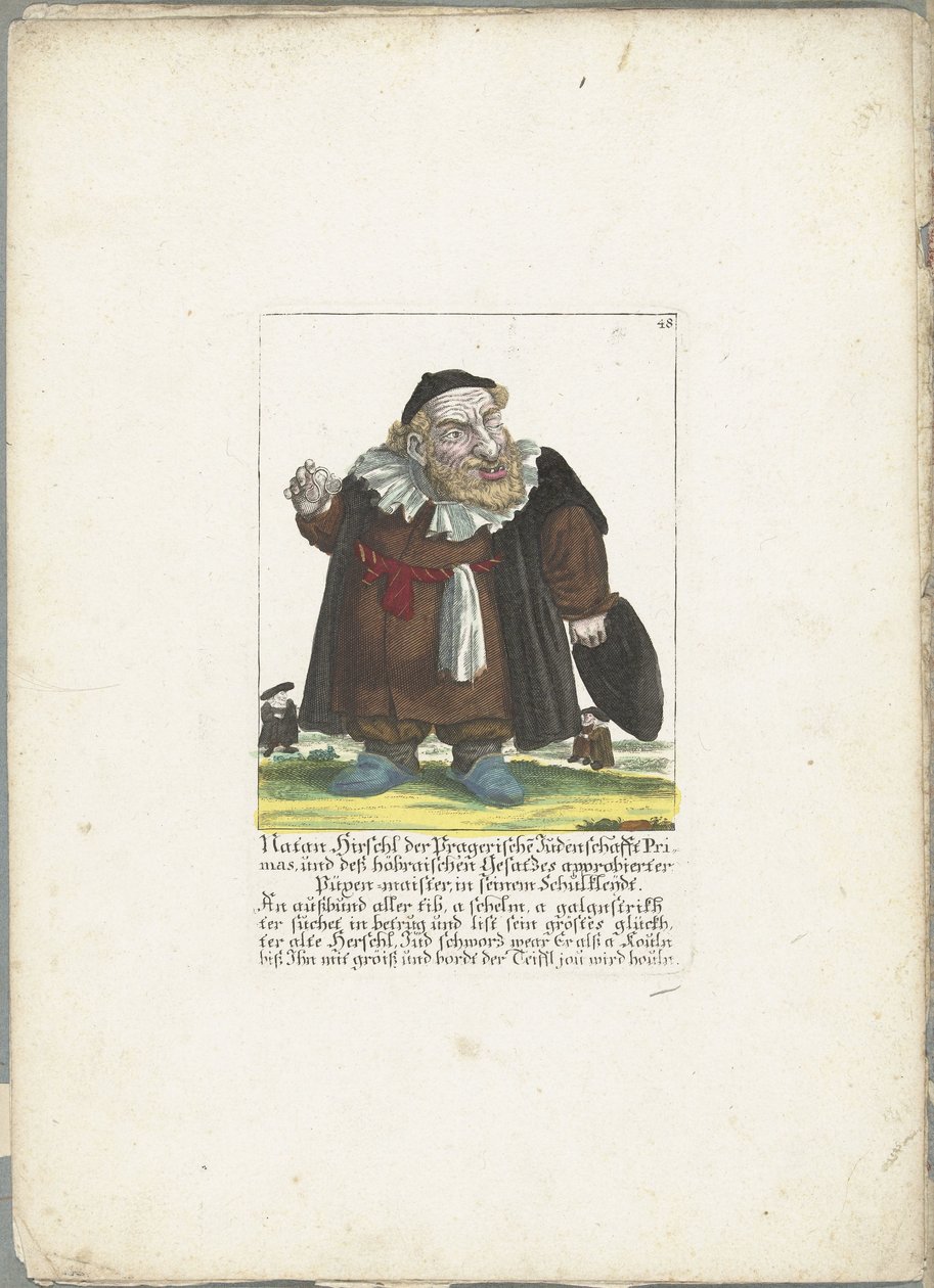 De joodse dwerg Natan Hirschl ، حوالي 1710 ناتان هيرشل ، رئيس يهود براغ ، و Püpen-Maister المعتمد من قبل قانون Höbraische ، في ملابس مدرسته (العنوان على الكائن) Il Callotto resurcitato أو Zwerchen Cabinet المفروشة حديثًا (حد ذاتها بواسطة مارتن إنجلبرخت (منسوب إلى)