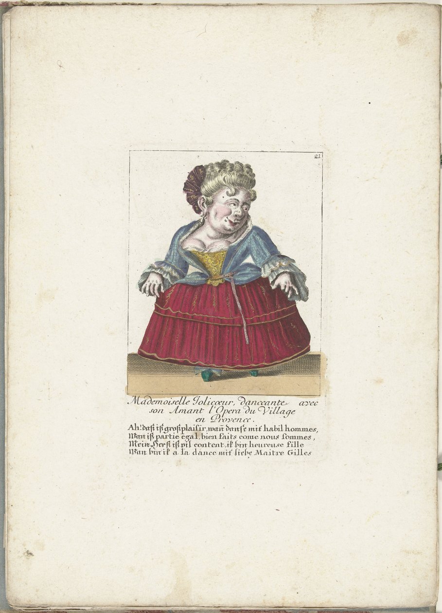 Dwerg als de Franse Mademoiselle Jolicoeur ، كاليفورنيا. 1710 Mademoiselle Jolicoeur ، راقصة مع عشيقها في Opera du Village في بروفانس (العنوان على الكائن) Il Callotto resurcitato oder Neu eingerichtes Zwerchen Cabinet (عنوان السلسلة) بواسطة مارتن إنجلبرخت (منسوب إلى)