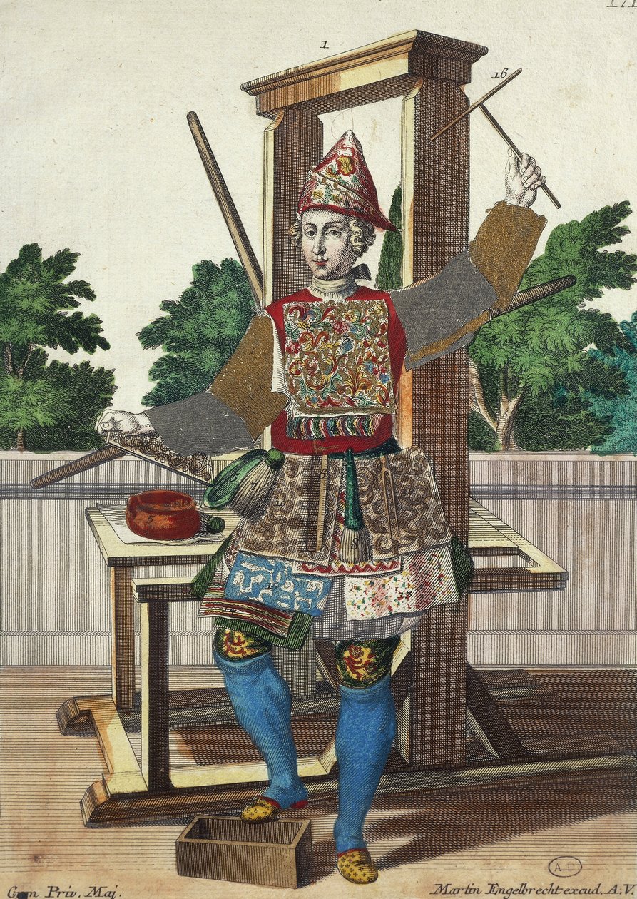 مُصنع أوراق ملونة ، نقش من Assemblage des nouveau manouvries habilles Martin Engelbrecht (1684-1756) ، ألمانيا بواسطة مارتن إنجلبرخت