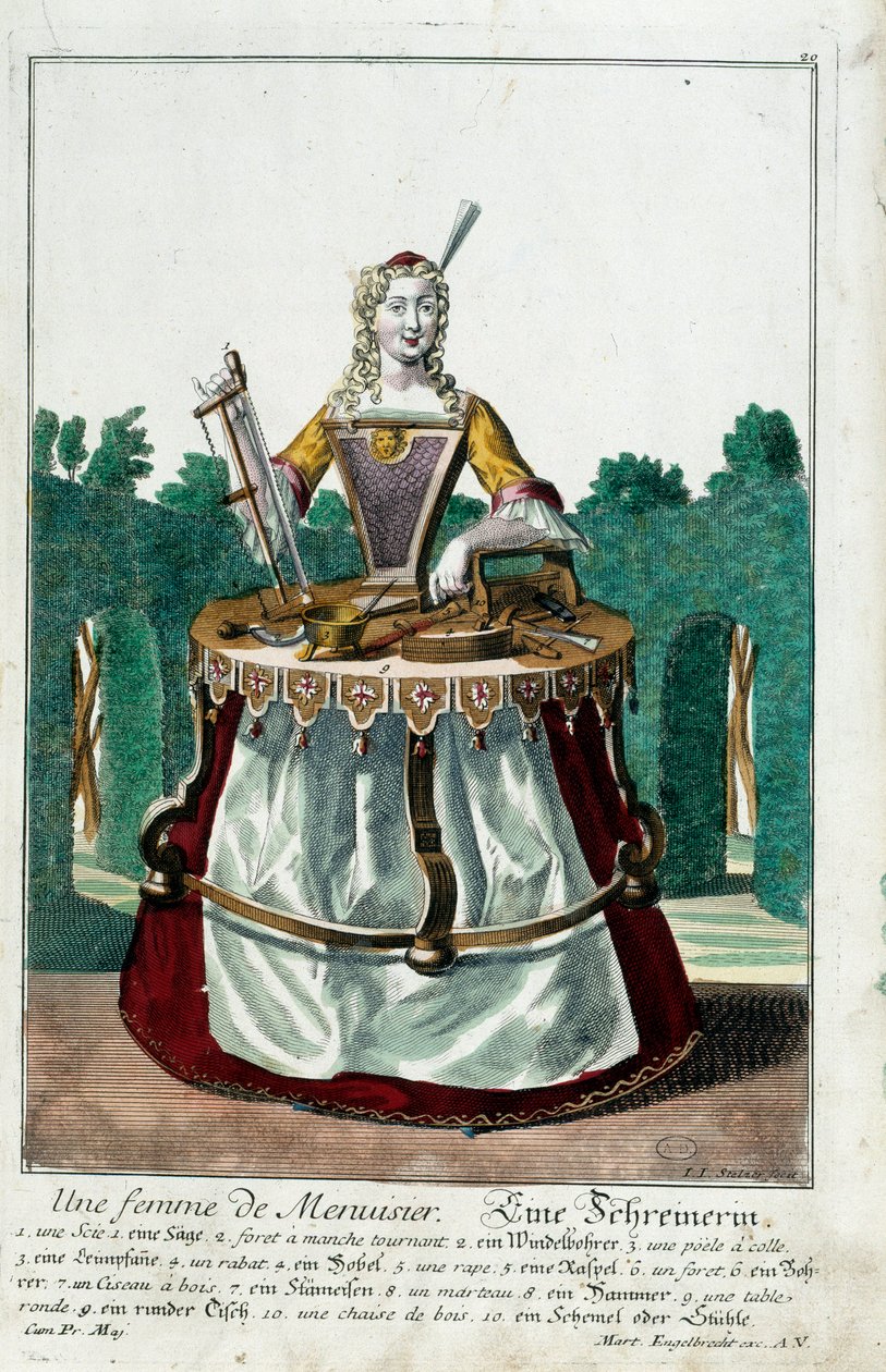 متير: زوجة نجار. نقش لمارتن إنجلبريخت (1684-1756) ، في "" التجمع الجديد للمانوفريز habilles "" القرن الثامن عشر ، ألمانيا. باريس ، الفنون الزخرفية بواسطة مارتن إنجلبرخت