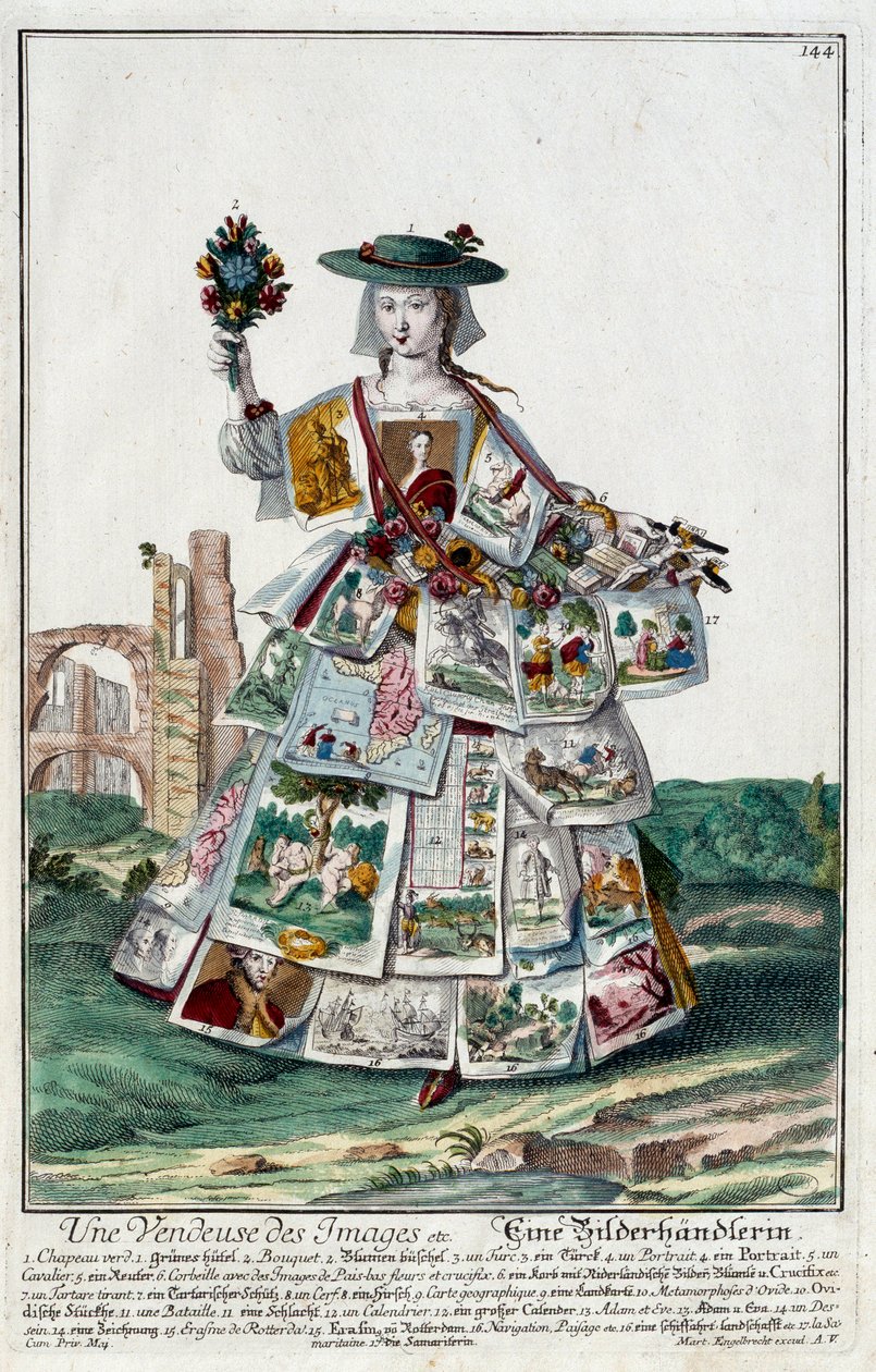 Metier: بائعة الصور. نقش لمارتن إنجلبريخت (1684-1756) ، في "" التجمع الجديد للمانوفريز habilles "" القرن الثامن عشر ، ألمانيا. باريس ، الفنون الزخرفية بواسطة مارتن إنجلبرخت