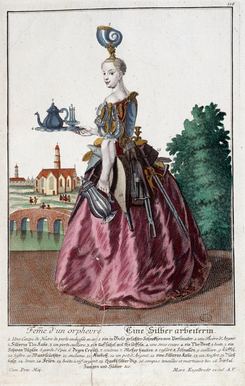 Metier: امرأة من سمكة ذهبية. نقش لمارتن إنجلبريخت (1684-1756) ، في "" التجمع الجديد للمانوفريز habilles "" القرن الثامن عشر ، ألمانيا. باريس ، الفنون الزخرفية بواسطة مارتن إنجلبرخت