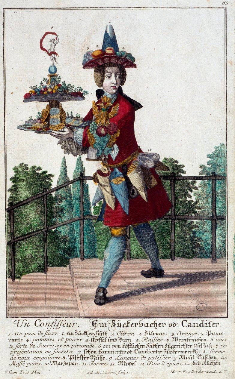 الحلواني: شاب يحمل صينية حلوى وسكريات. نقش لمارتن إنجلبريخت (1684-1756) من القرن الثامن عشر. باريس ، الفنون الزخرفية بواسطة مارتن إنجلبرخت