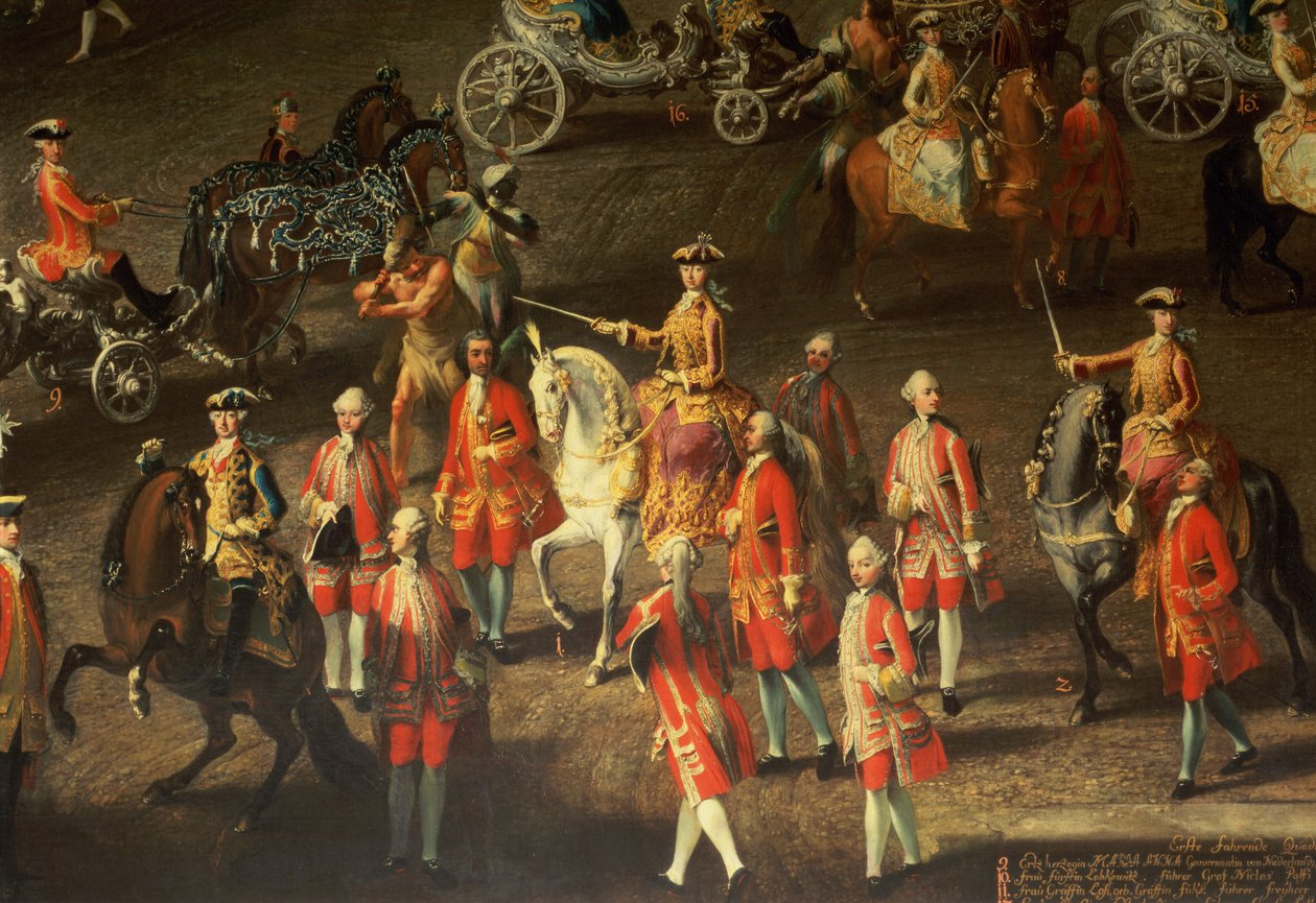 موكب في مدرسة ركوب الخيل في فيينا هوف للاحتفال بهزيمة الجيش الفرنسي في براغ ، 1743 (التفاصيل ، تظهر ماريا تيريزا ، إمبراطورة النمسا ، مثبتة على حصان رمادي) (detai بواسطة مارتن الثاني ميتينز أو ميتينز