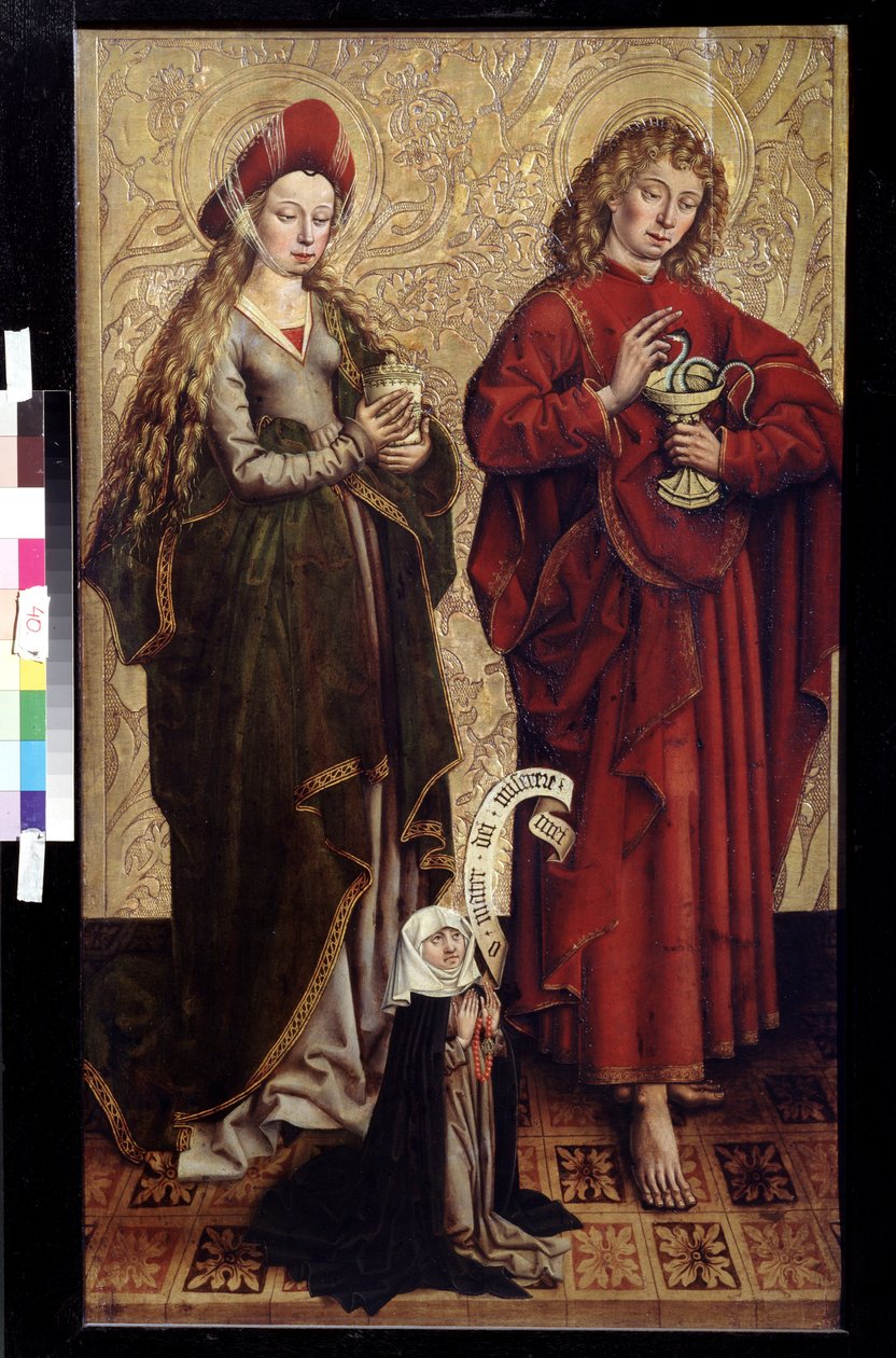 يوحنا الرسول ومريم المجدلية والمتبرع. رسم مارتن شونغاور (حوالي 1445 أو 1450-1491). زيت على خشب بواسطة مارتن شونجاور