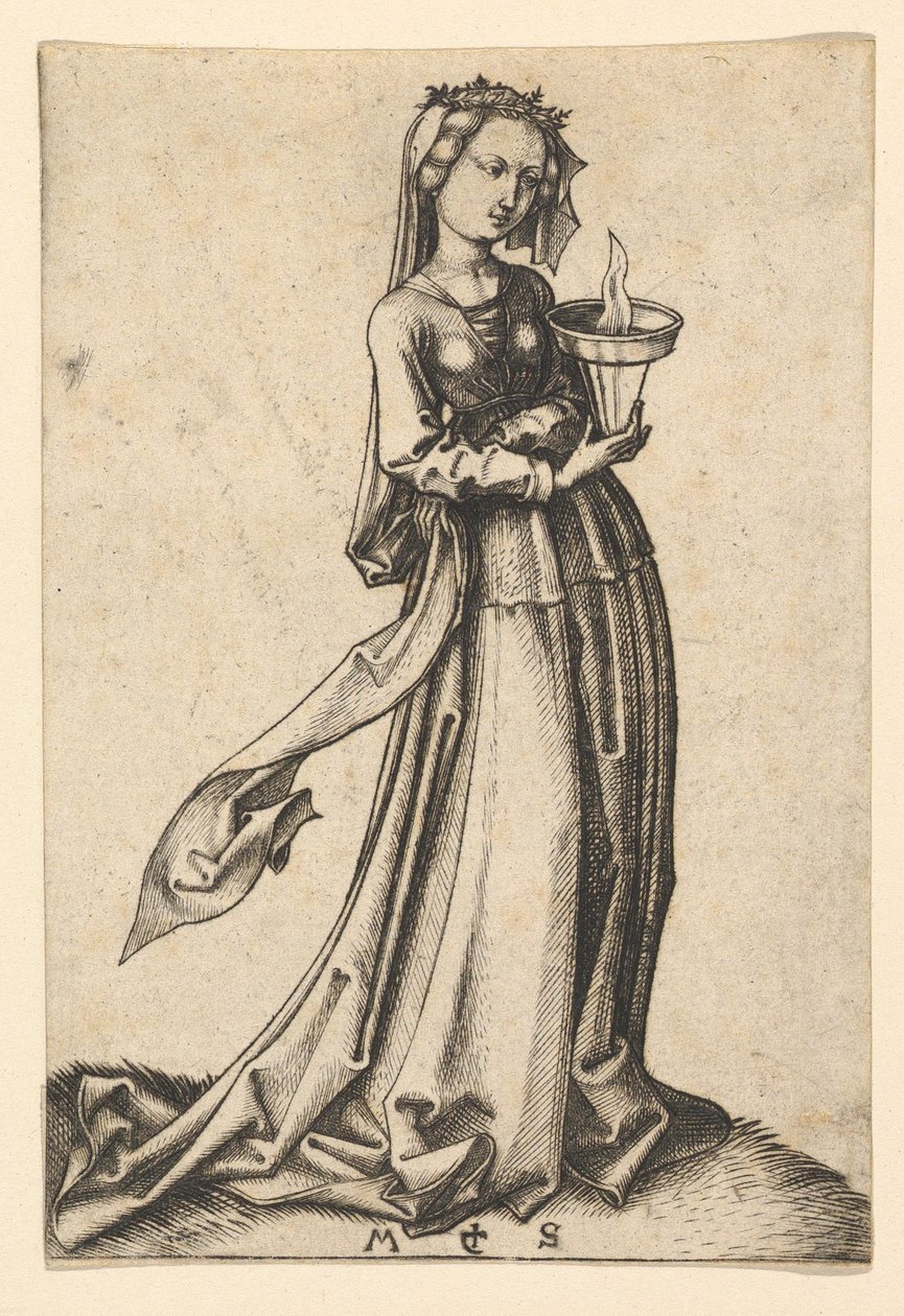العذراء الحكيمة الرابعة ، من سلسلة The Wise and Foolish Virgins، ca. 1435-1491. بواسطة مارتن شونجاور
