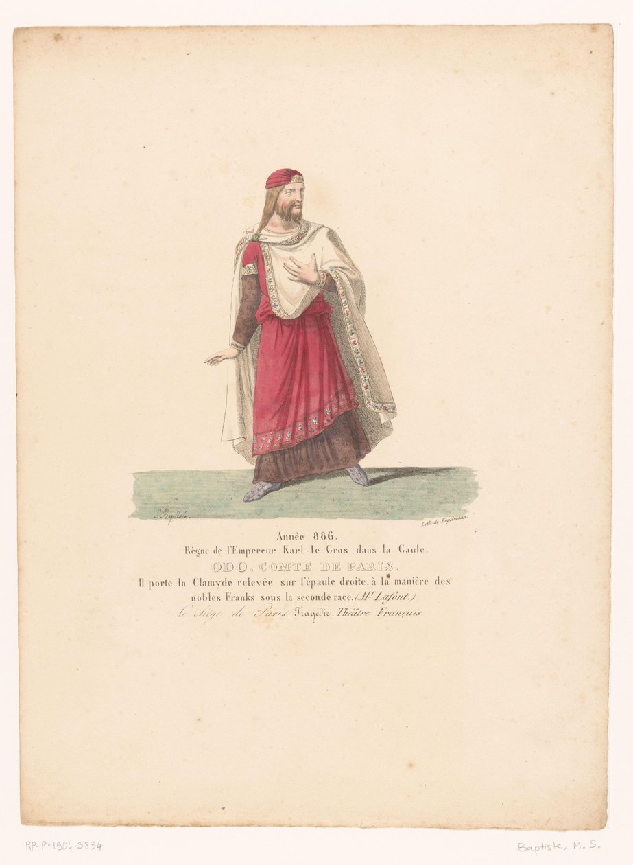 Kostuum van Odo I، koning van West-Franci uit de tragedie حصار باريس أودو ، كونت باريس (العنوان على الكائن) Theatrekostuums (عنوان المسلسل) المسرح الفرنسي: مجموعة من الأزياء التي كتبها MM. J. Alaux و L. Duponchel من الرسومات المخطوطة لـ بواسطة مارتن سيلفستر بابتيست