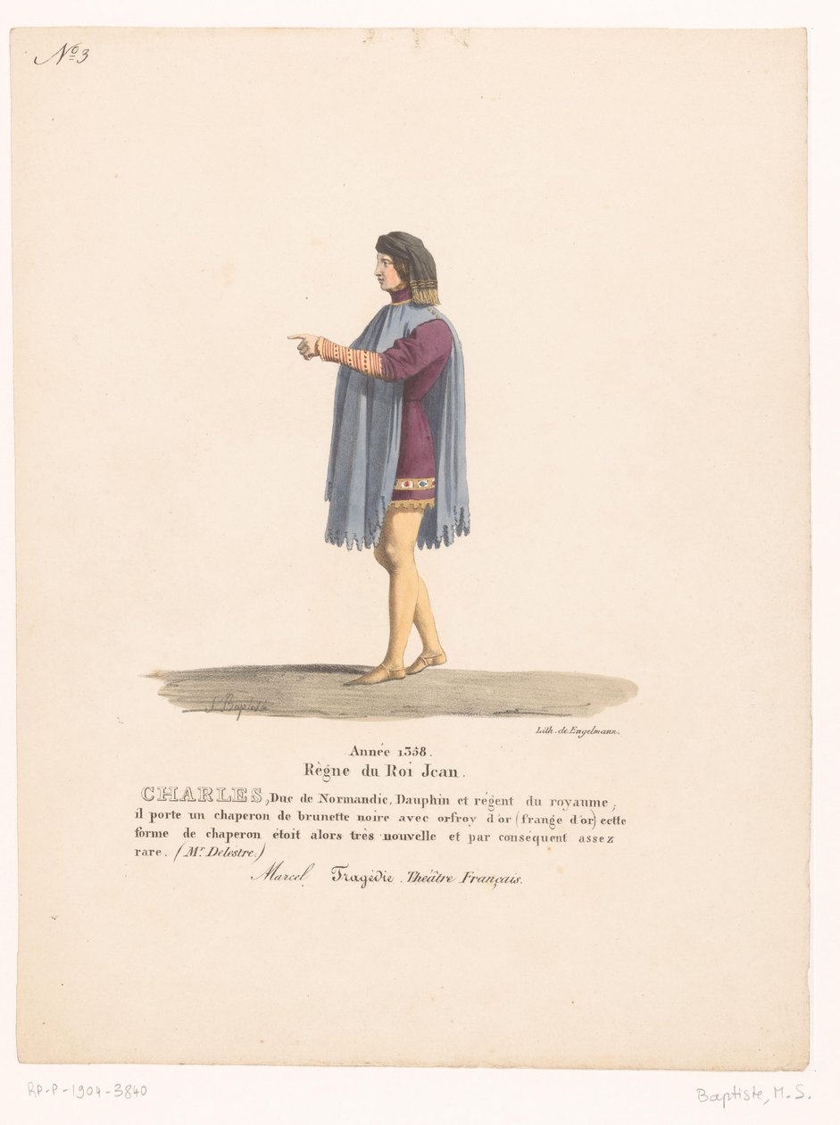 Kostuum van de dauphin Karel van Valois uit de tragedie مارسيل تشارلز دوق نورماندي (العنوان على الشيء) Theatrekostuums (عنوان المسلسل) المسرح الفرنسي: مجموعة من الأزياء التي كتبها MM. J. Alaux و L. Duponchel من رسومات المخطوطة في المكتبة بواسطة مارتن سيلفستر بابتيست
