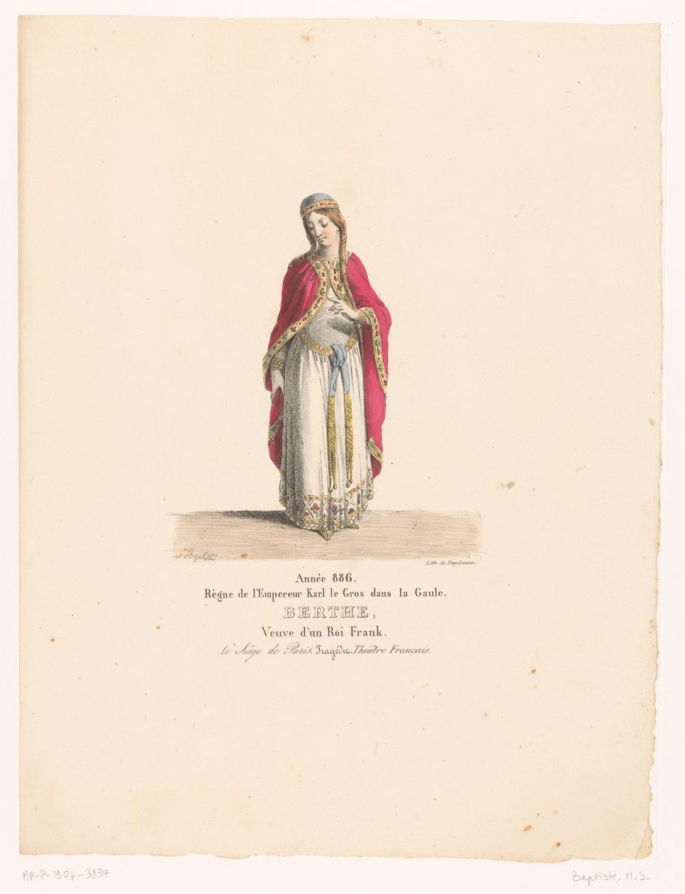 Kostuum van koningin Berthe uit de tragedie حصار باريس بيرث (العنوان على الكائن) Theatrekostuums (عنوان المسلسل) المسرح الفرنسي: مجموعة من الأزياء التي كتبها MM. J. Alaux و L. Duponchel بناءً على رسومات مخطوطة من Bibliothèque de la Comédie- بواسطة مارتن سيلفستر بابتيست