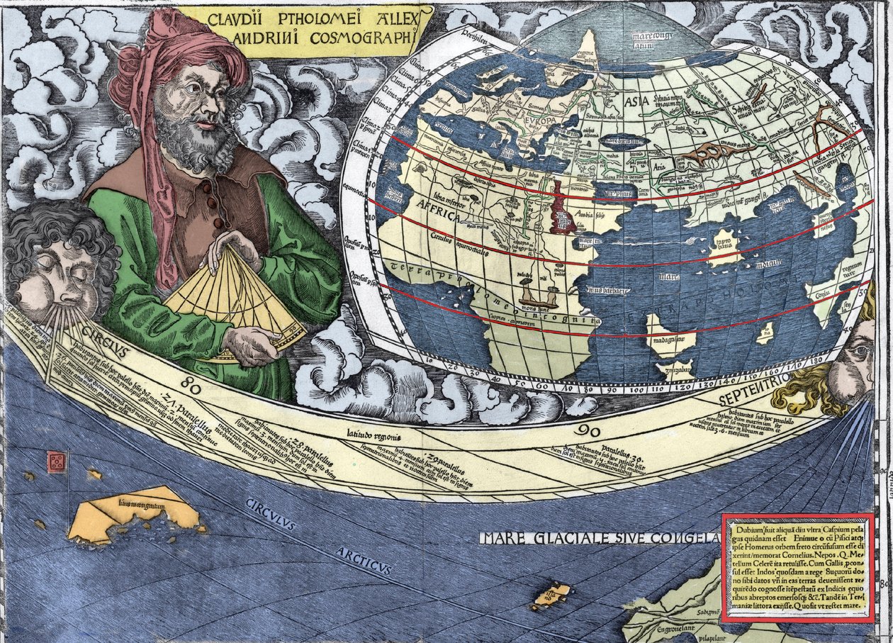 Ptolemee (Claudius Ptolemaeus 90-168) - Claudius Ptolemy in "" خريطة Waldseemuller أو Universalis Cosmographia - (Universal Cosmography) - Waldseemuller Planisphere "- 1507 - بواسطة مارتن والدسيمولر
