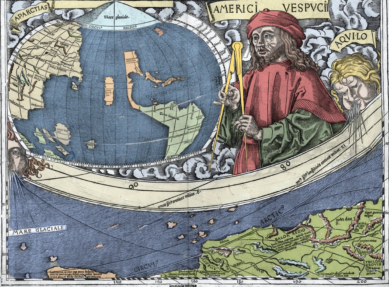 VESPUCCI، Amerigo (1454-1512). المستكشف الإيطالي ورسم الخرائط في "خريطة فالدسيمولر أو Universalis Cosmographia - (Universal Cosmography) - Waldseemuller Planisphere" - 1507 - بواسطة مارتن والدسيمولر