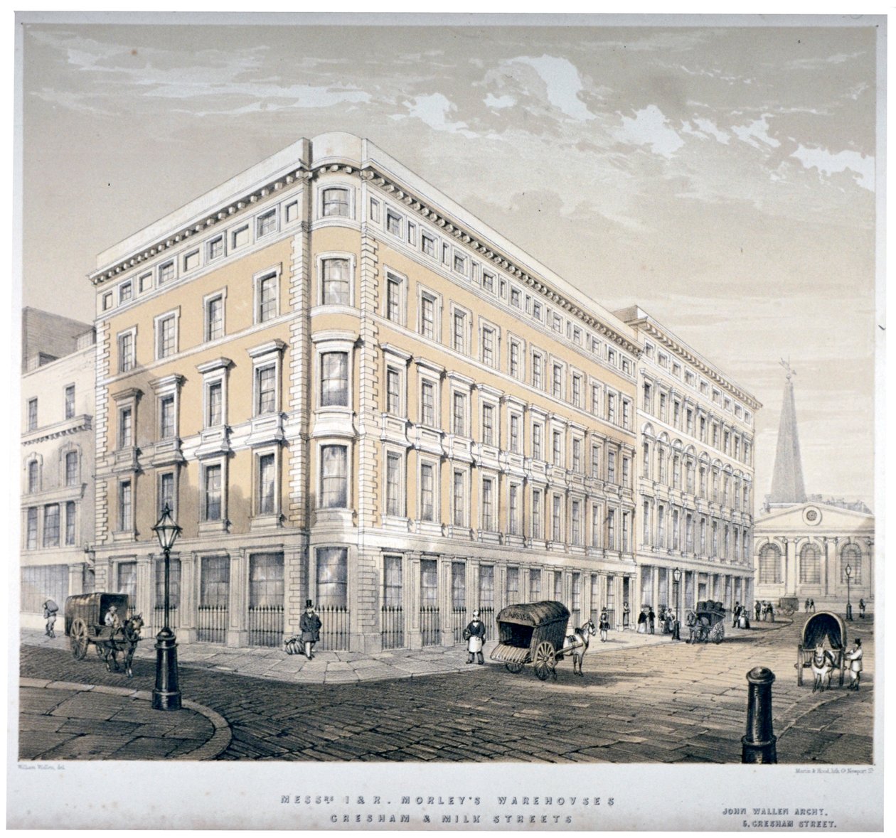 مستودعات السادة J&R Morley ، زاوية شارع Milk وشارع Gresham ، لندن ، c1840 بواسطة مارتن وهود