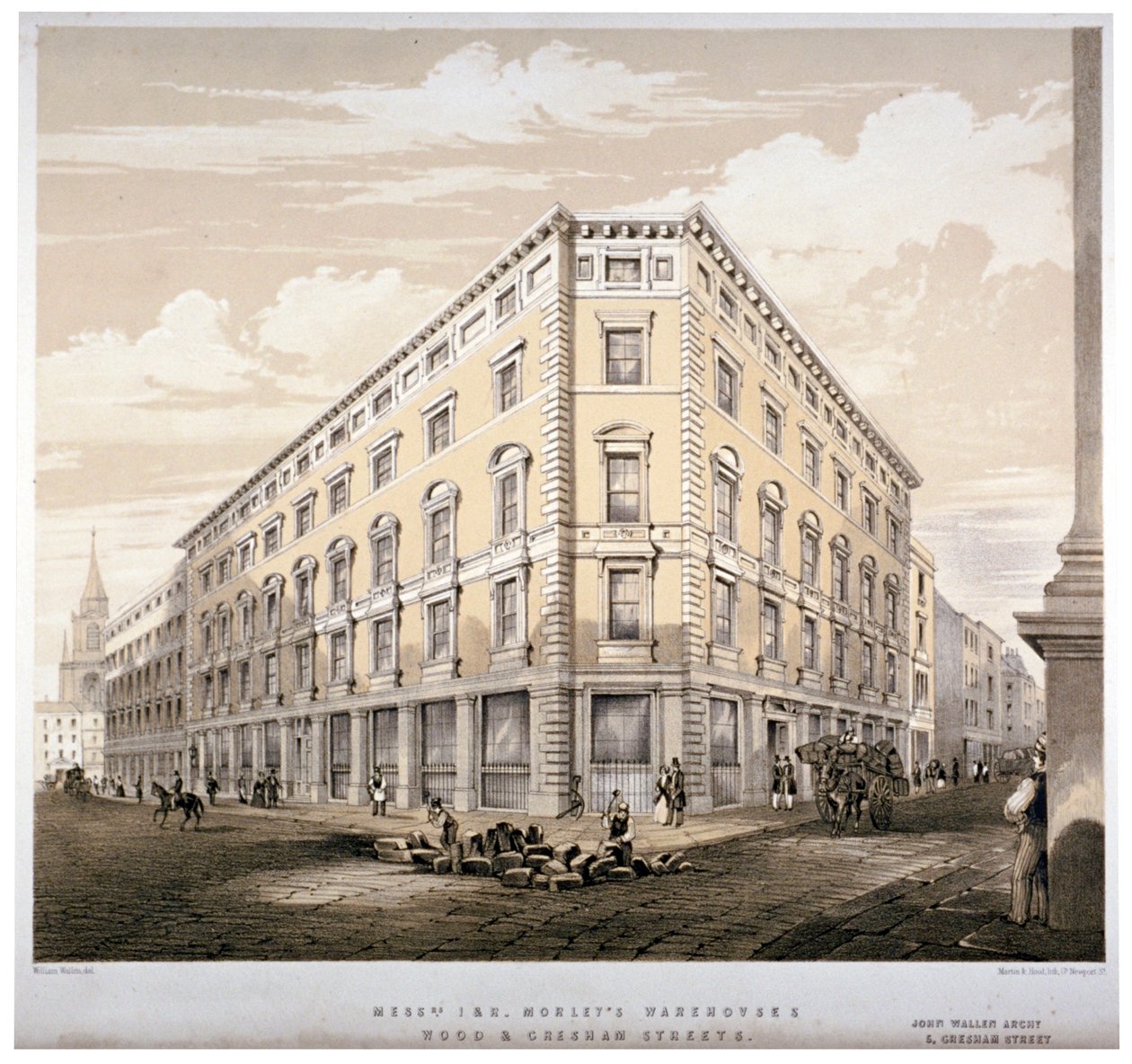 مستودعات السادة J&R Morley ، زاوية شارع Wood Street وشارع Gresham ، لندن ، c1840. بواسطة مارتن وهود