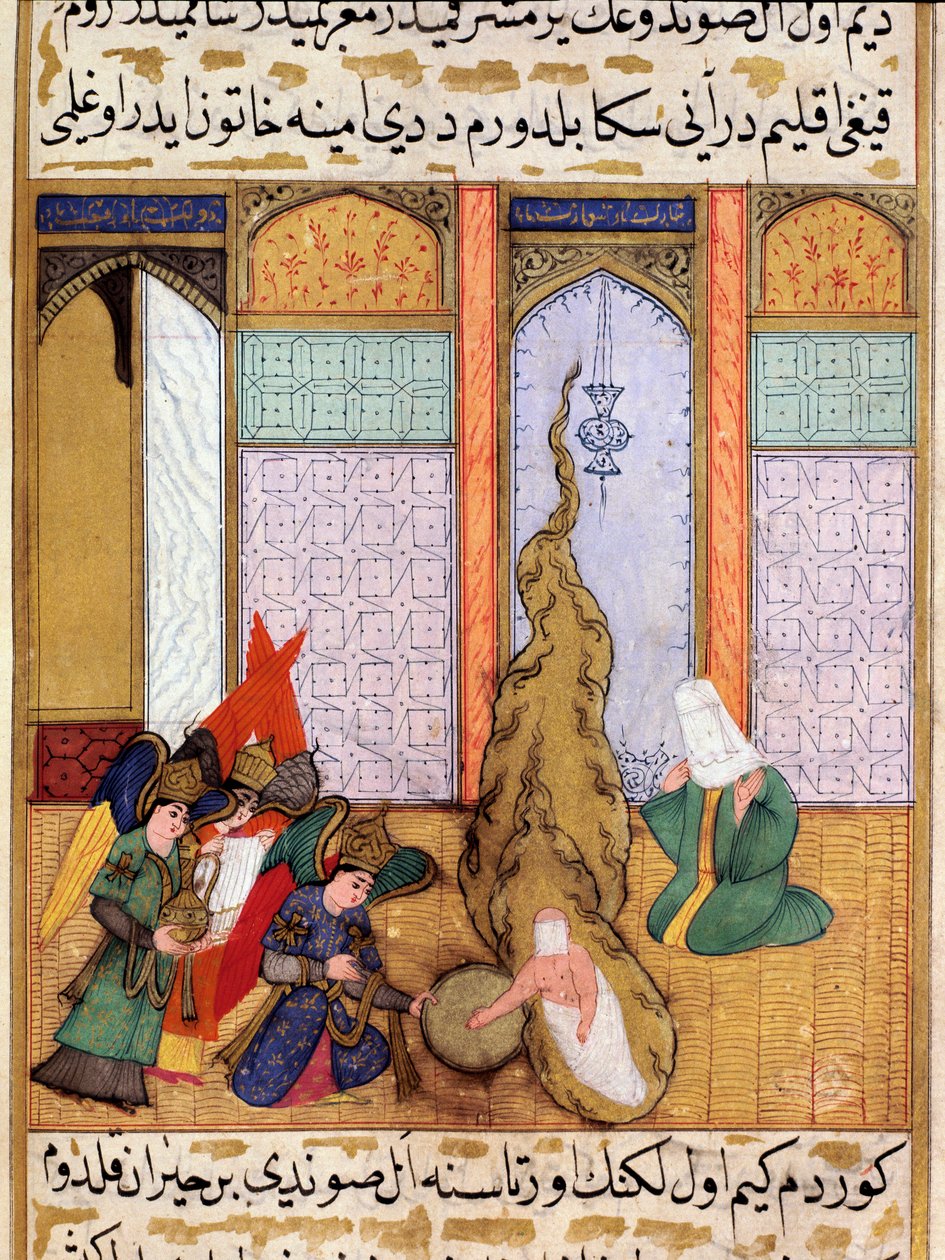 مولد النبي محمد المصغر مأخوذ من قصيدة ملحمية "سير النبي" (سير النبي) تروي حياة النبي محمد كتبها مصطفى بن يوسف دي أرزوروم تحت حكم مراد الثالث (1574-1595) ). منمنمة لطفي عبد الله (ت بواسطة مارتينو باسي