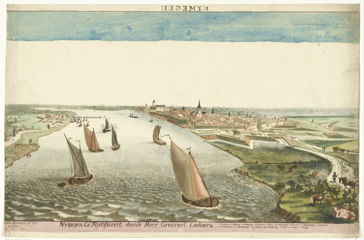 منظر للتحصينات بالقرب من نيميغن آن دي وال Nymegen محصن بواسطة Sir Generael Coehoorn (العنوان على الكائن) بواسطة مارتينوس بيركينبوم