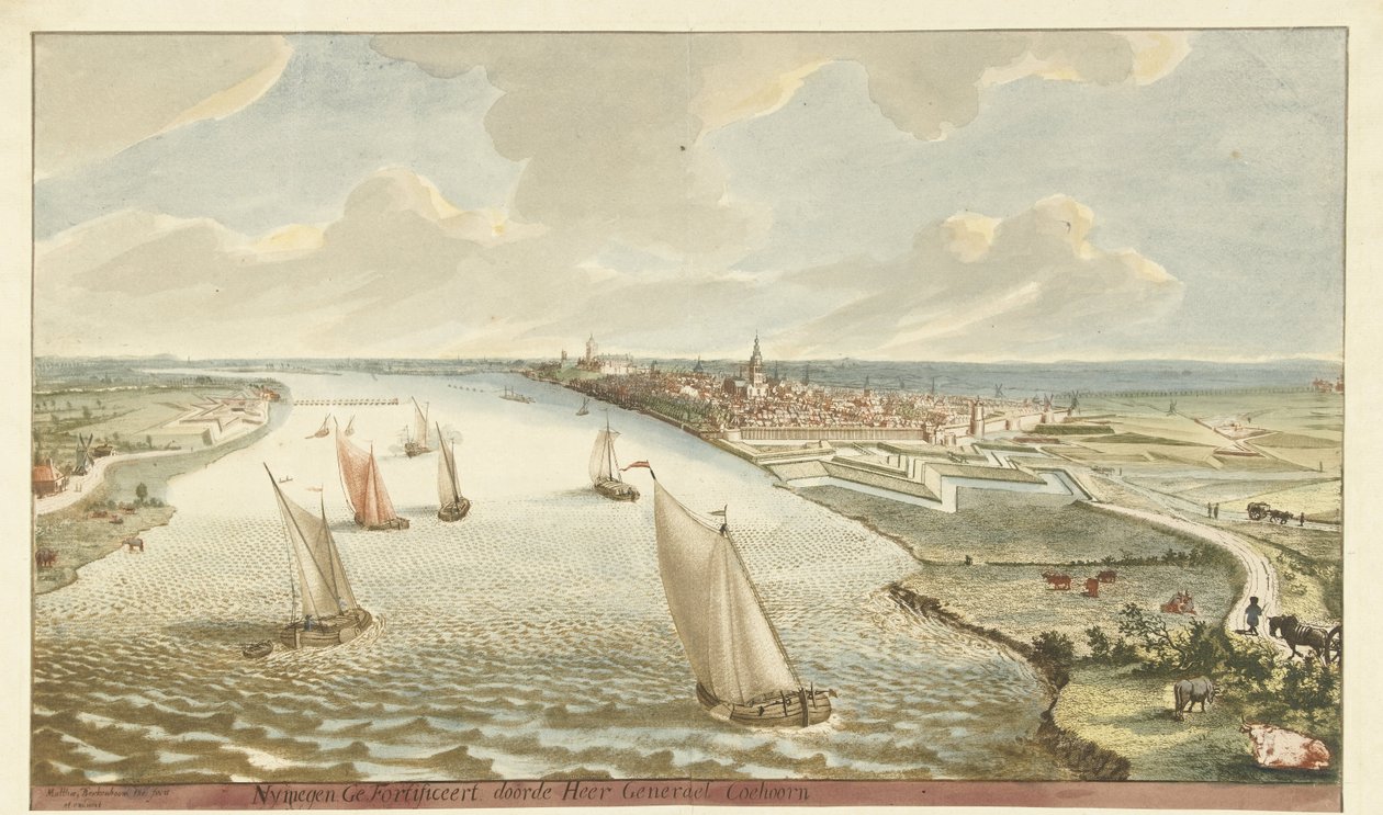 منظر للتحصينات بالقرب من نيميغن آن دي وال Nymegen محصن بواسطة Sir Generael Coehoorn (العنوان على الكائن) بواسطة مارتينوس بيركينبوم