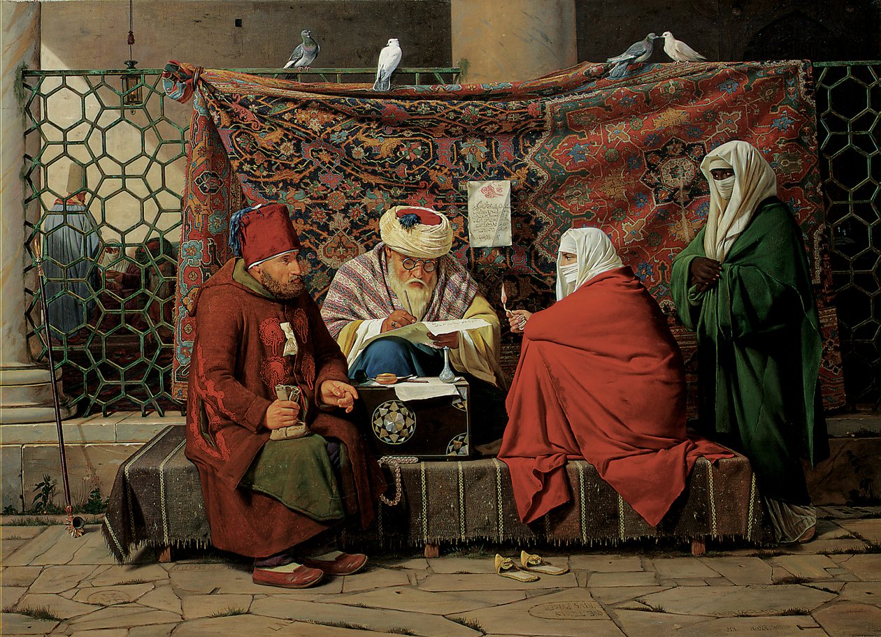 كاتب عدل تركي يصوغ عقد زواج أمام مسجد كيليك علي باشا ، توفان ، سينستانتينوبل ، 1837 بواسطة مارتينوس رورباي