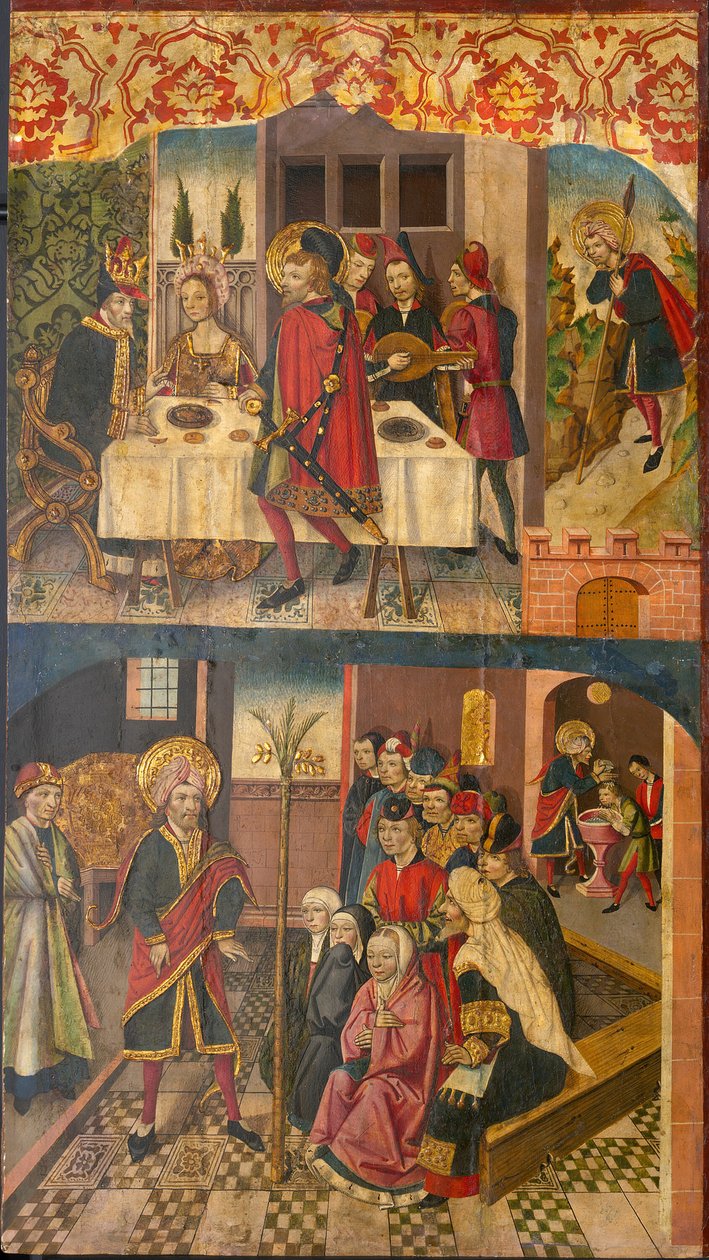 القديس كريستوفر يأخذ إجازة من الملك الذي كان يخشى الشيطان ، القديس كريستوفر والمتدينين له ... بواسطة مارتن دي سوريا
