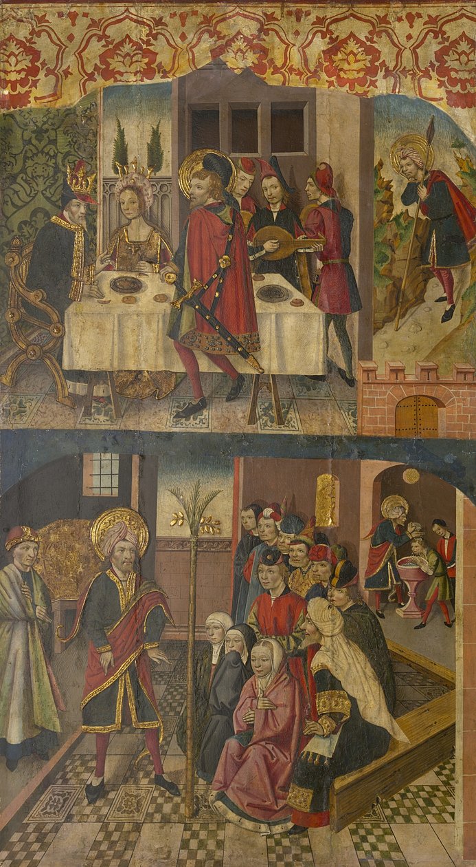 القديس كريستوفر يأخذ إجازة الملك الذي يخاف الشيطان والقديس كريستوفر ومعتنقه ، 1480-1485 بواسطة مارتن دي سوريا