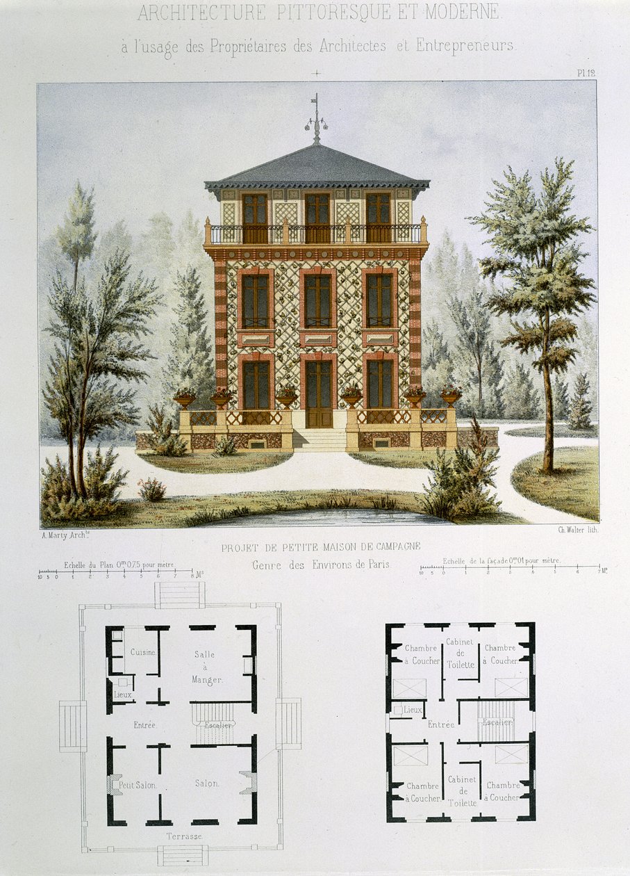 مشروع لمنزل ريفي صغير بالقرب من باريس ، محفور بواسطة والتر ، اللوحة 12 من "Architecture Pittoresque et Moderne" بواسطة مارتي