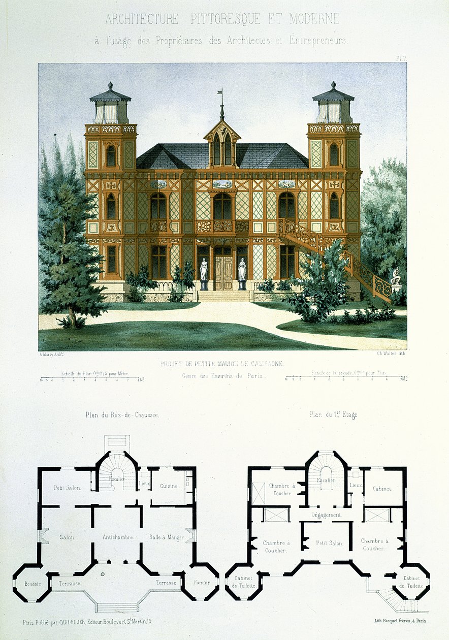 مشروع لمنزل ريفي صغير بالقرب من باريس ، محفور بواسطة والتر ، اللوحة 7 من "Architecture Pittoresque et Moderne" بواسطة مارتي