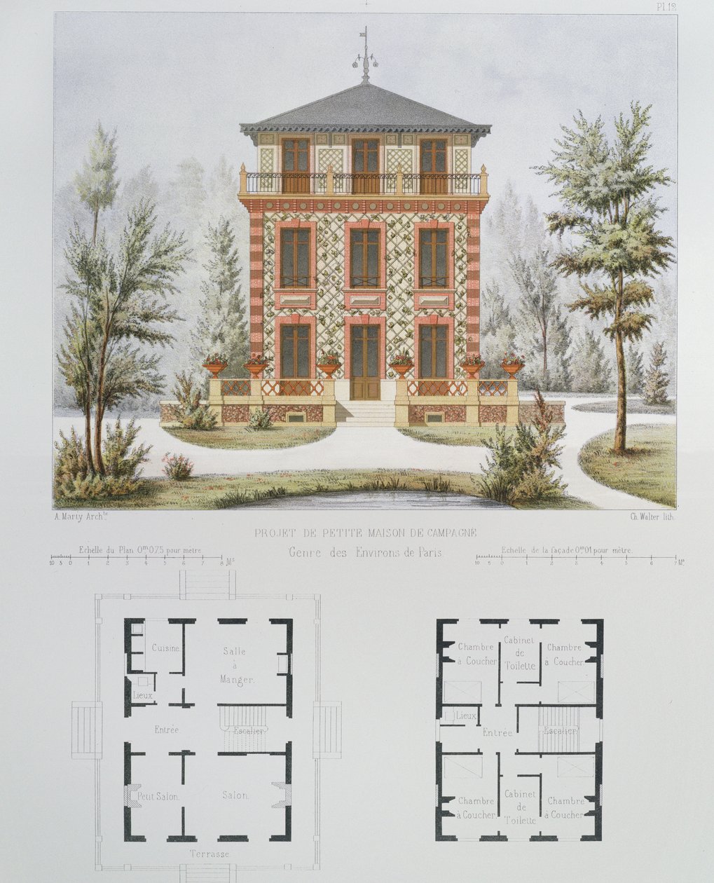 مشروع لمنزل ريفي صغير بالقرب من باريس ، محفور بواسطة والتر ، اللوحة 18 من العمارة Pittoresque et Moderne بواسطة مارتي