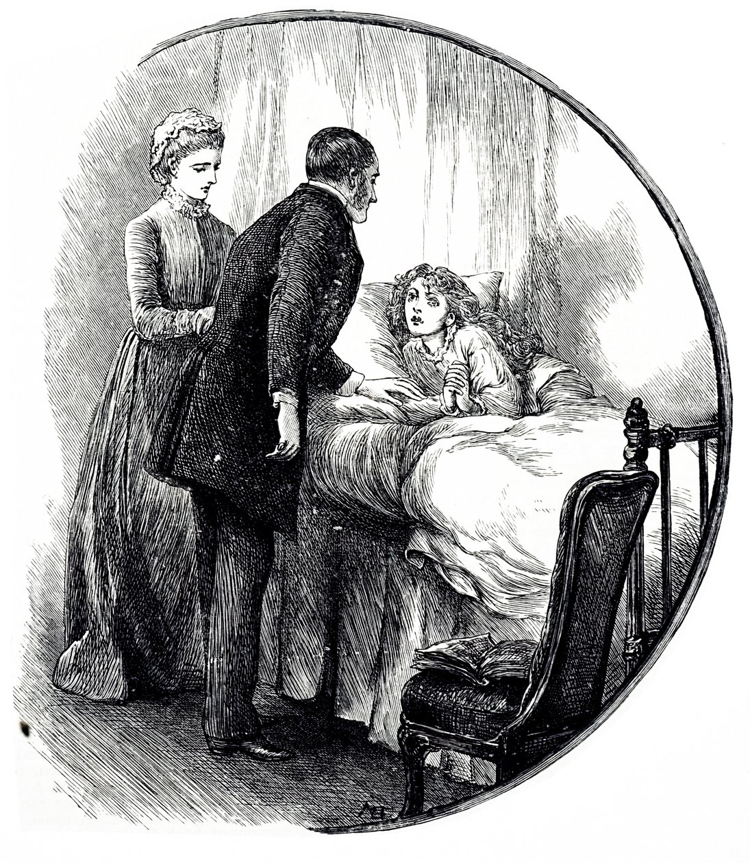 نقش يصور طبيباً يزور مريضه الشاب في المنزل. رسمها ماري إلين إدواردز (1838-1934) فنانة إنجليزية ورسامة غزيرة الإنتاج لكتب الأطفال بواسطة ماري إلين إدواردز