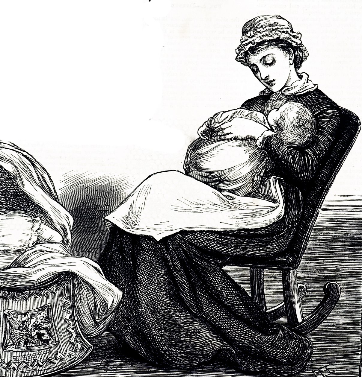 نقش يصور أمًا تهز طفلها. مصورة ماري إلين إدواردز (1838-1934) فنانة إنجليزية ورسامة غزيرة الإنتاج لكتب الأطفال بواسطة ماري إلين إدواردز