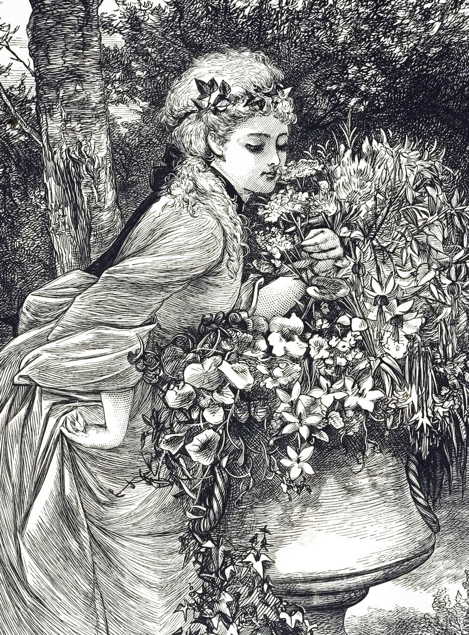 نقش يصور فتاة صغيرة تشم رائحة الزهور الموجودة في جرة حديقة. رسمها ماري إلين إدواردز (1838-1934) فنانة إنجليزية ورسامة لكتب الأطفال بواسطة ماري إلين إدواردز