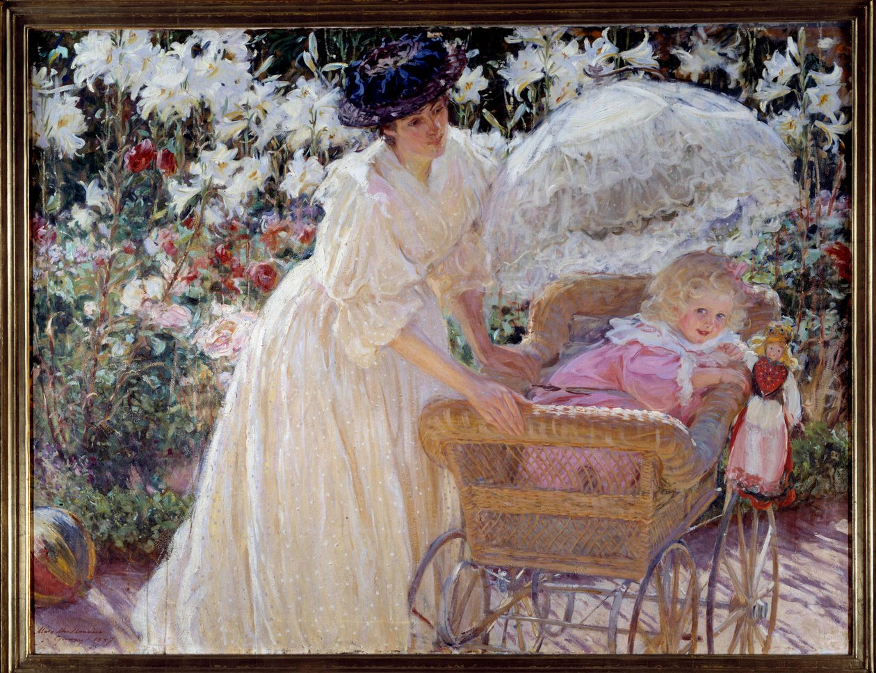 روز وليلي أم وابنتها الصغيرة في عربة أطفال في حديقة زهور. لوحة ماري ماك مونيس (1858-1946) 1897 روان ، متحف الفنون الجميلة بواسطة ماري لويز ماكمونيس