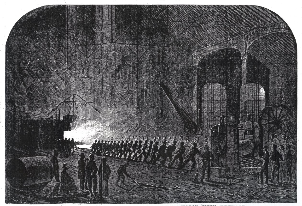 عملية تدوير لوحات الدروع لسفن جلالة الملكة في Alas Steelworks ، شيفيلد ، رسم توضيحي من "أخبار لندن المصورة" ، 14 سبتمبر 1861 بواسطة ميسون جاكسون
