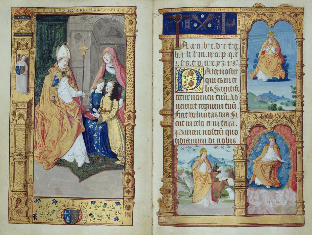 السيدة 159 ، ص 1 - 2 ركعت فتاة على طاولة مع العذراء والقديسين ، من برايمر ، c.1500-10 (حبر وحبر ذهبي على الرق) بواسطة ماجستير أنطوان دي روش