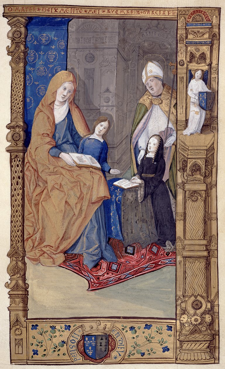 Ms.159.p14 سانت كلود تقدم فتاة راكعة إلى القديسة آن والعذراء ، من كتاب التمهيدي لكلود دي فرانس ، c.1500-10 (حبر وحبر ذهبي على الرق) بواسطة ماجستير أنطوان دي روش